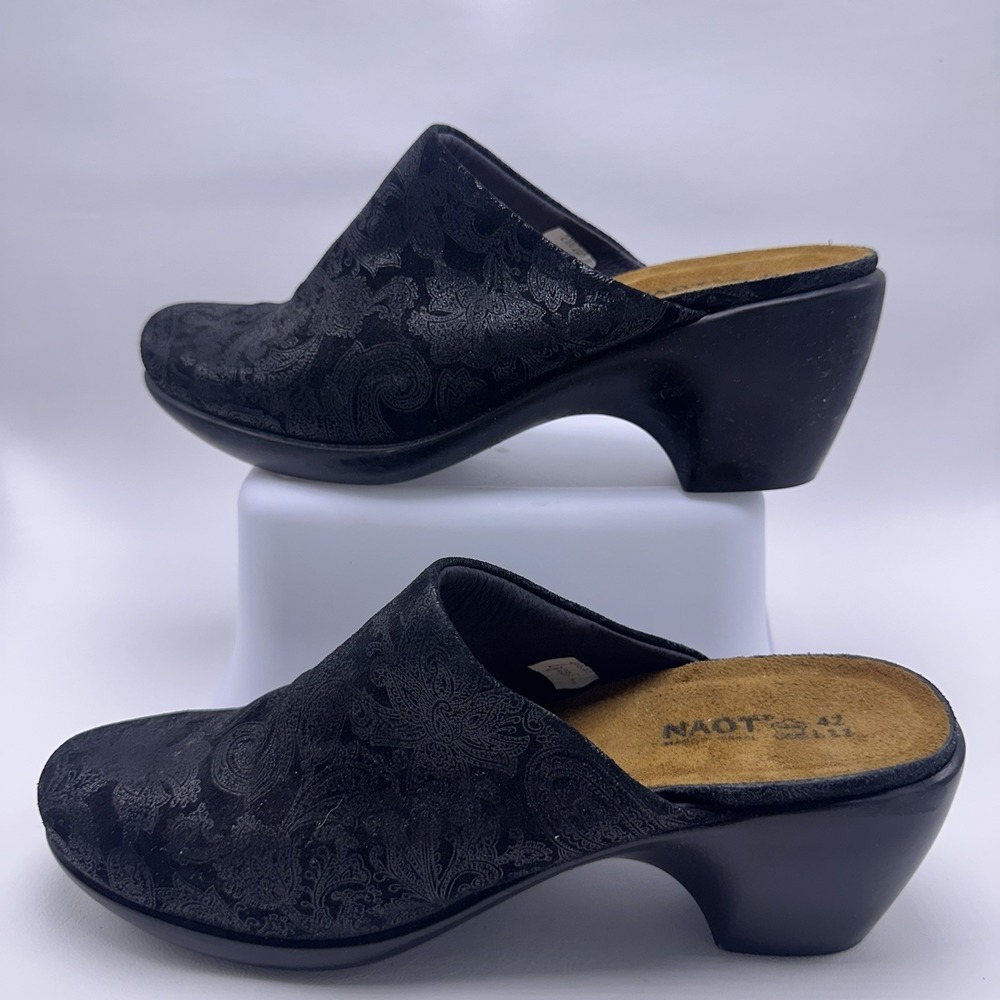Naot Dream Black Leather Heeled‎ Clog 11/42 Women's Shoes, Suede Madras Print - Picture 7 of 8